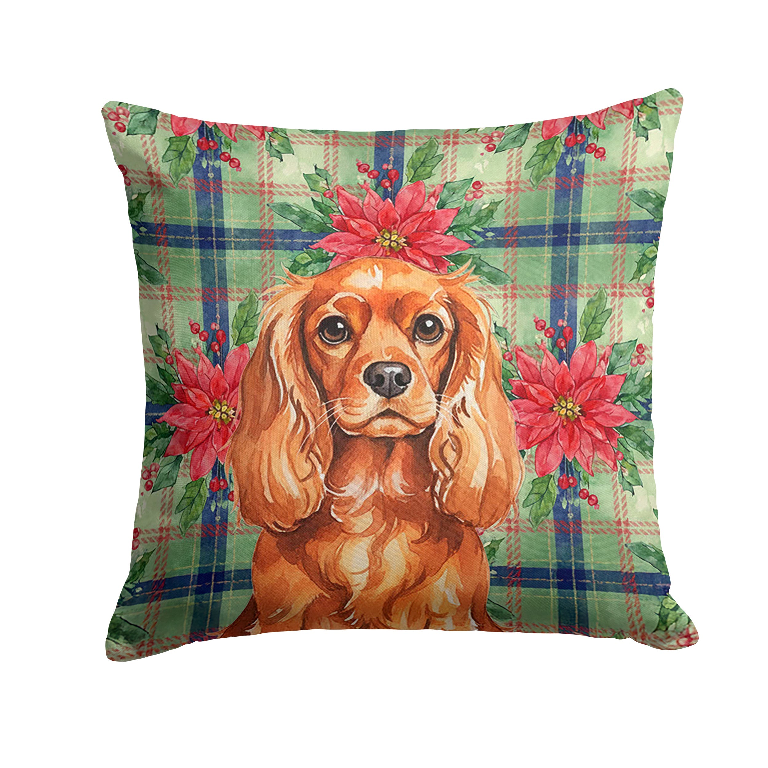 Ruby English Toy Spaniel Christmas PoinsettIas Decorative Throw Pillow 18x18 Indoor Outdoor Accent Cushion, Fabric Cover with Insert for Sofa, Bed, Porch & Living Room