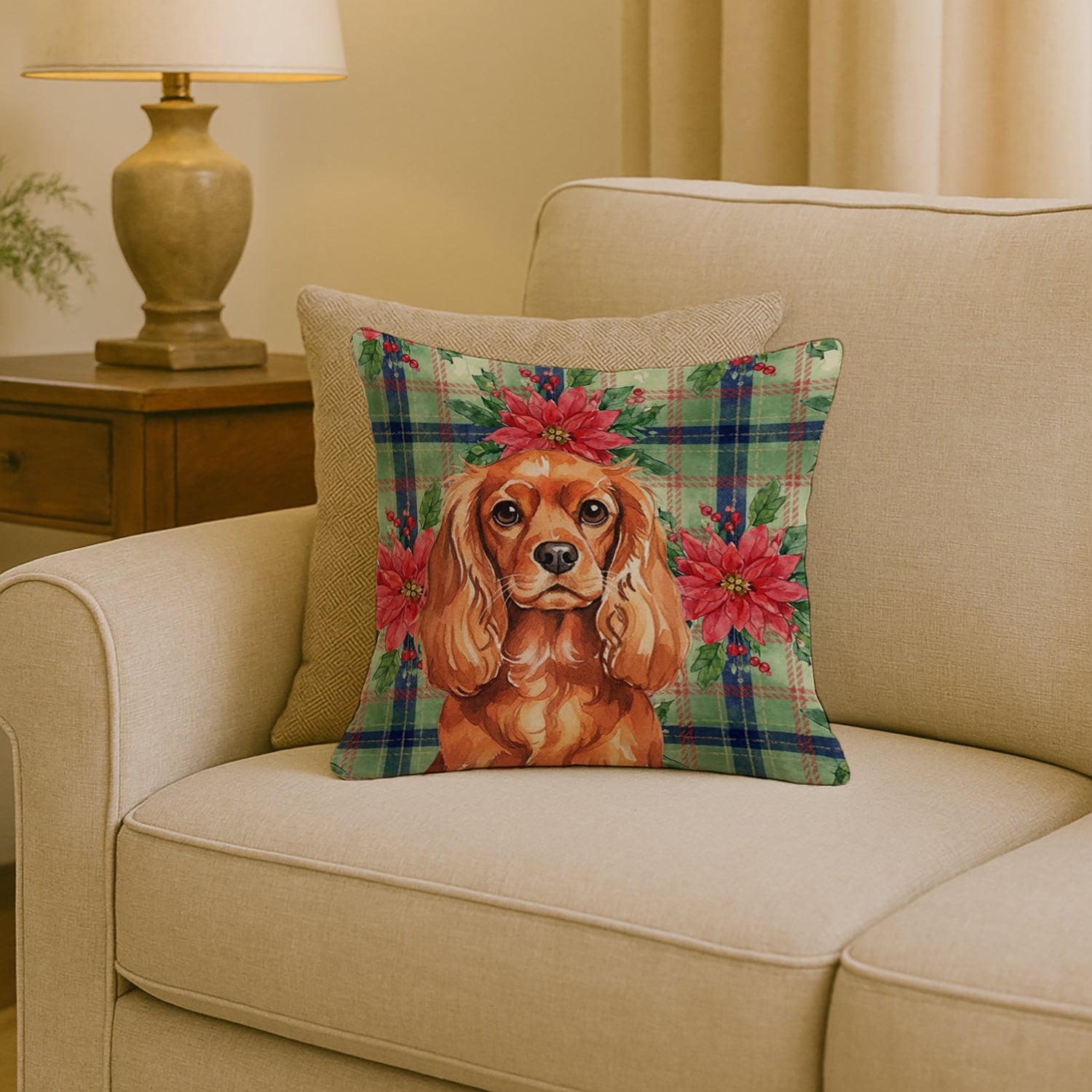 Ruby English Toy Spaniel Christmas PoinsettIas Decorative Throw Pillow 18x18 Indoor Outdoor Accent Cushion, Fabric Cover with Insert for Sofa, Bed, Porch & Living Room