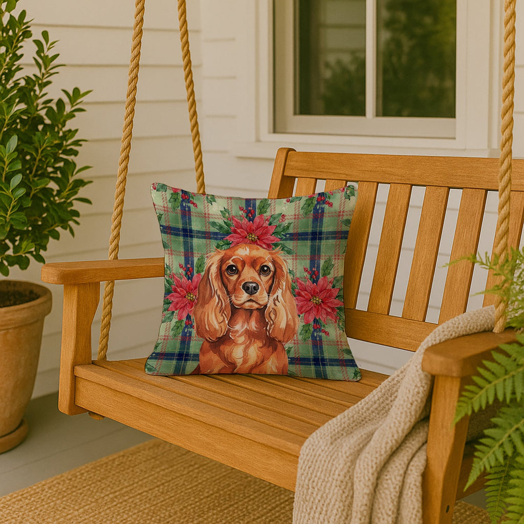 Ruby English Toy Spaniel Christmas PoinsettIas Decorative Throw Pillow 18x18 Indoor Outdoor Accent Cushion, Fabric Cover with Insert for Sofa, Bed, Porch & Living Room
