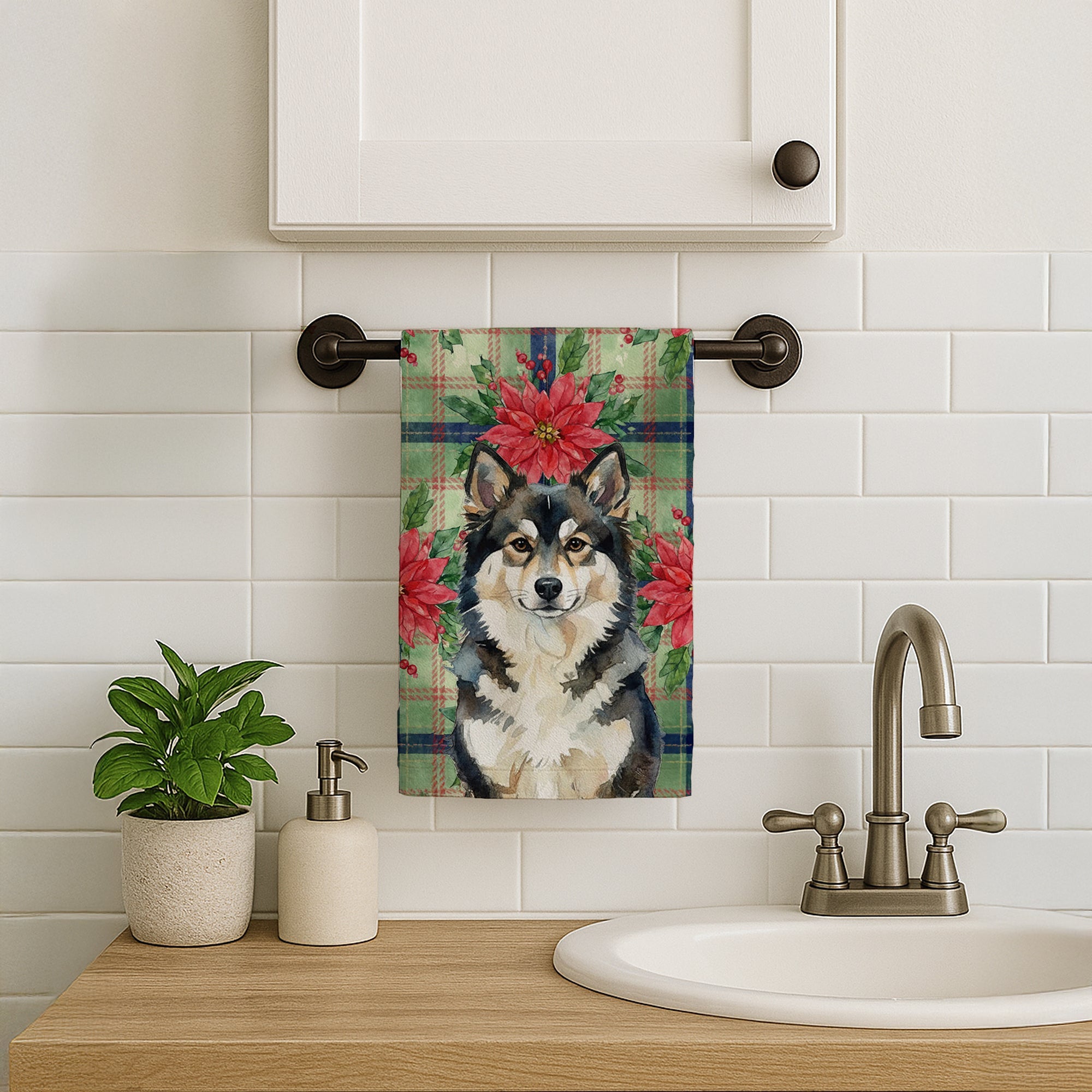 Finnish Lapphund Christmas PoinsettIas Kitchen Towel Velour Plush Front and Cotton Loop Back Machine Washable