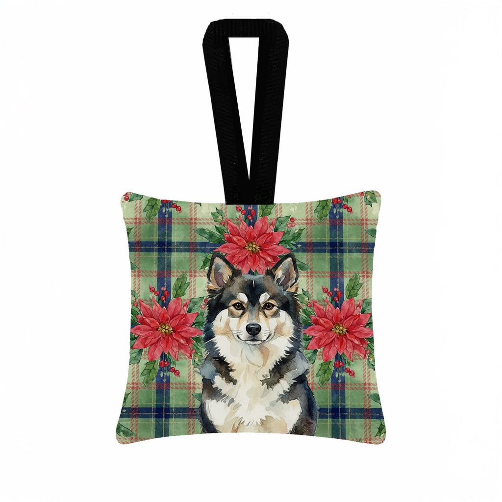 Finnish Lapphund Christmas PoinsettIas Hanging Square Fabric Ornament 3.5 � 3.5 Decorative Door-Knob & Tree Hanger, Soft Fabric