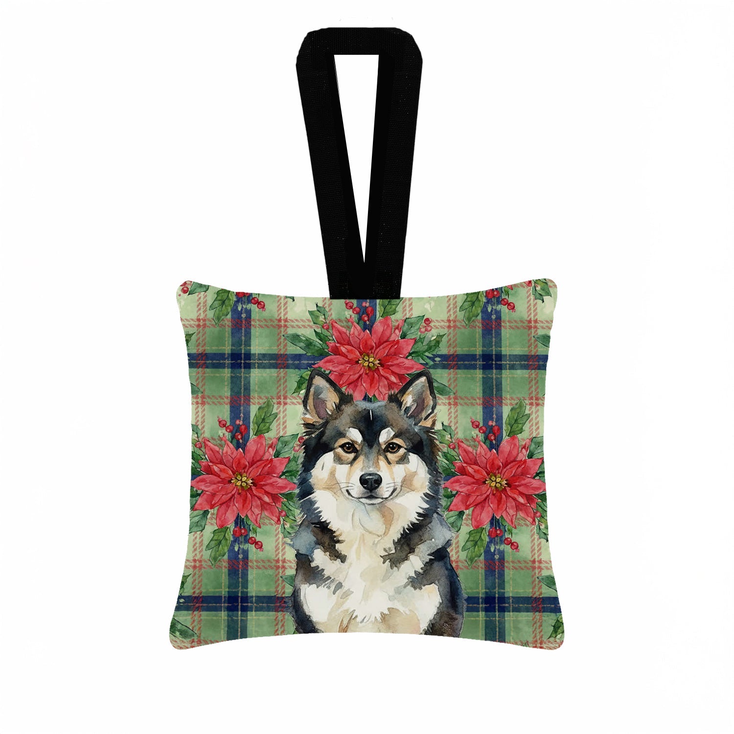 Finnish Lapphund Christmas PoinsettIas Hanging Square Fabric Ornament 3.5 � 3.5 Decorative Door-Knob & Tree Hanger, Soft Fabric