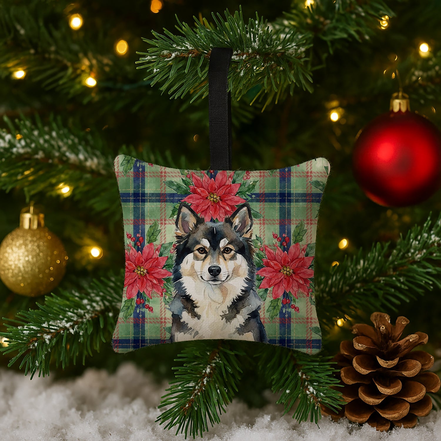Finnish Lapphund Christmas PoinsettIas Hanging Square Fabric Ornament 3.5 � 3.5 Decorative Door-Knob & Tree Hanger, Soft Fabric