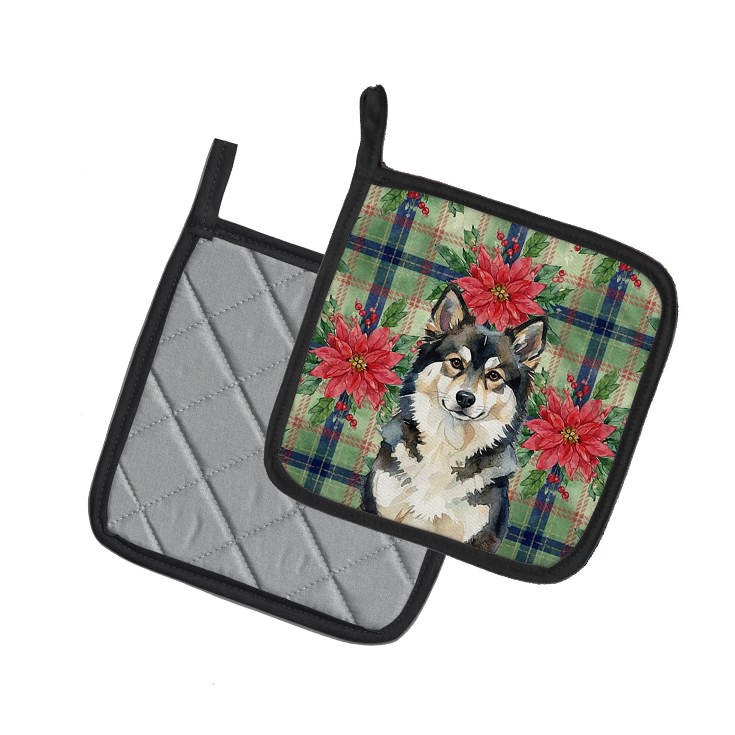 Finnish Lapphund Christmas PoinsettIas Pot Holder Set of 2 Heat Resistant Quilted Hot Pads 7.5 x 7.5 Inch, Insulated Kitchen Trivets for Cooking & Baking