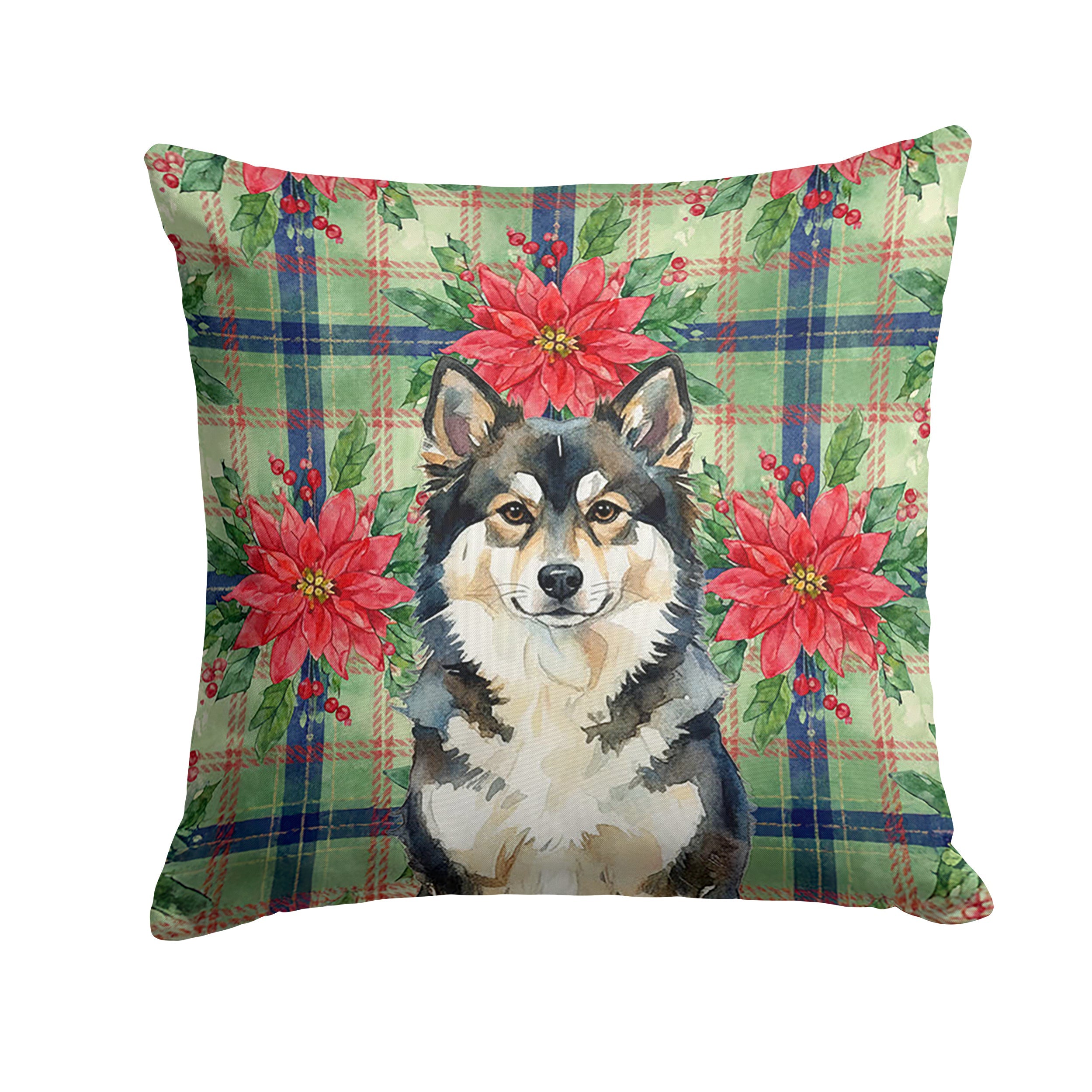 Finnish Lapphund Christmas PoinsettIas Decorative Throw Pillow 18x18 Indoor Outdoor Accent Cushion, Fabric Cover with Insert for Sofa, Bed, Porch & Living Room