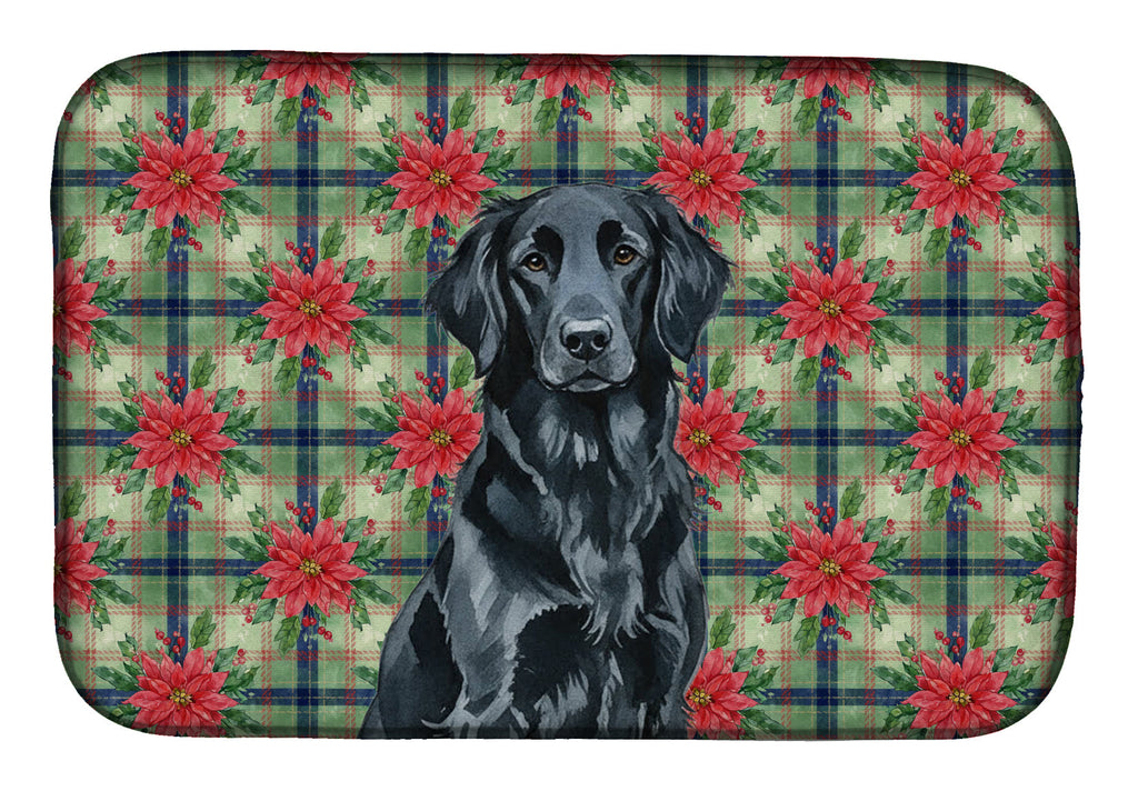 Black Flat-Coated Retriever Christmas PoinsettIas Dish Drying Mat Absorbent Dish Drying Mat Pad for Kitchen Counter Dish Drainer Mat for Countertop, 14 x 21", Multicolor