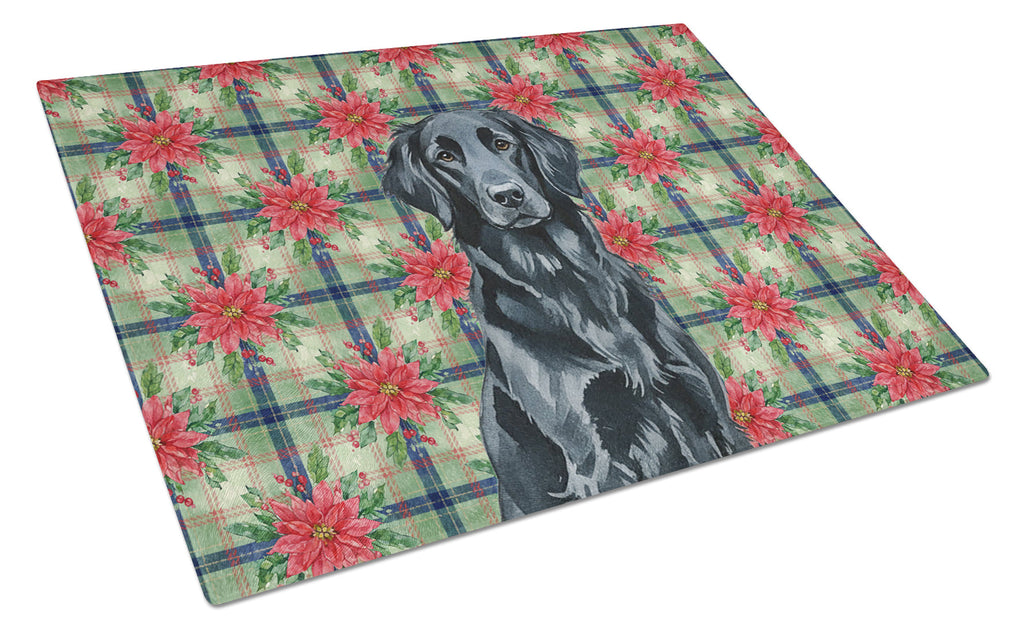 Black Flat-Coated Retriever Christmas PoinsettIas Cutting Board Tempered Glass Kitchen Cutting Surface, Heat Resistant Chopping, Non-Slip Feet, Food Prep & Serving