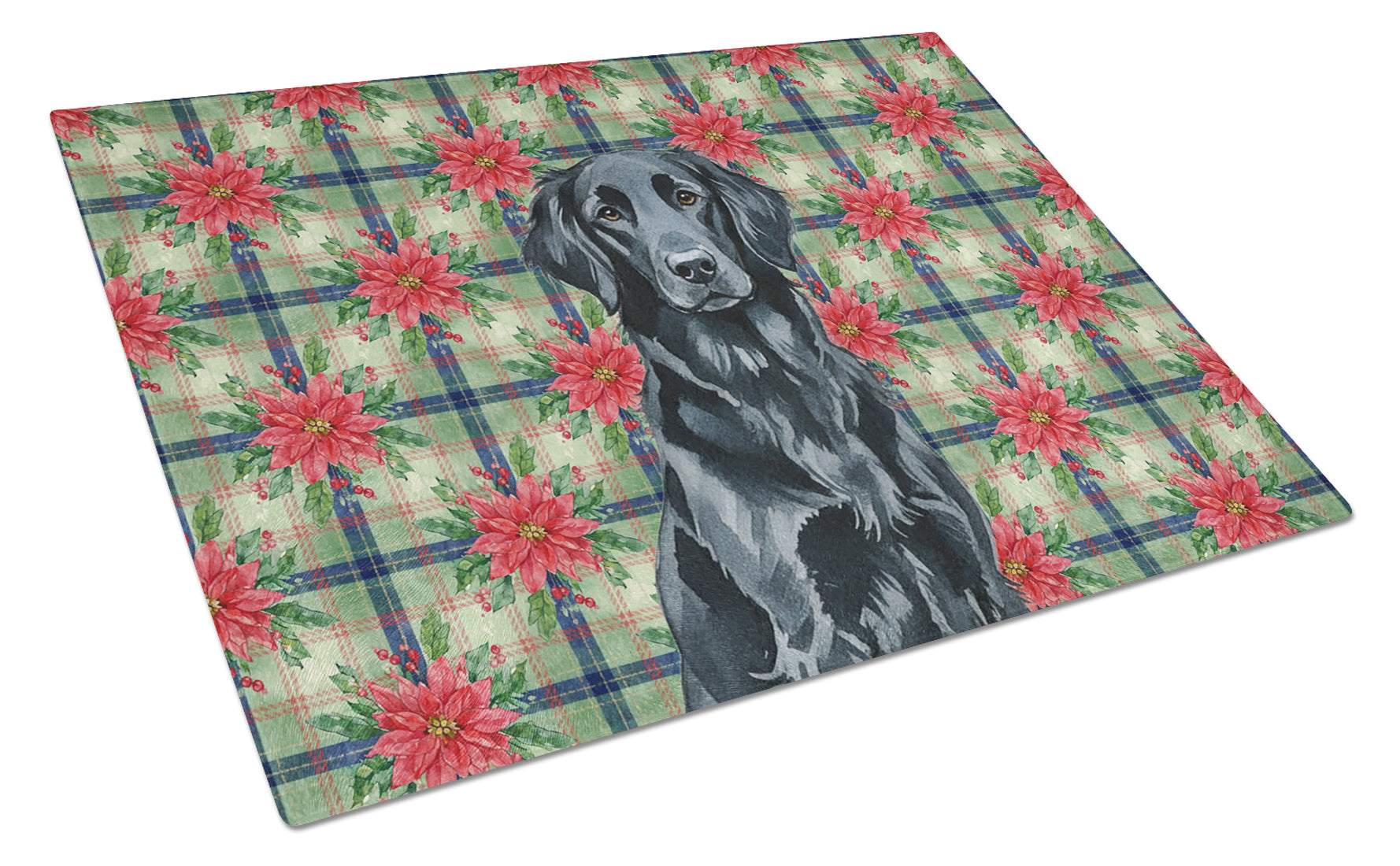 Black Flat-Coated Retriever Christmas PoinsettIas Cutting Board Tempered Glass Kitchen Cutting Surface, Heat Resistant Chopping, Non-Slip Feet, Food Prep & Serving