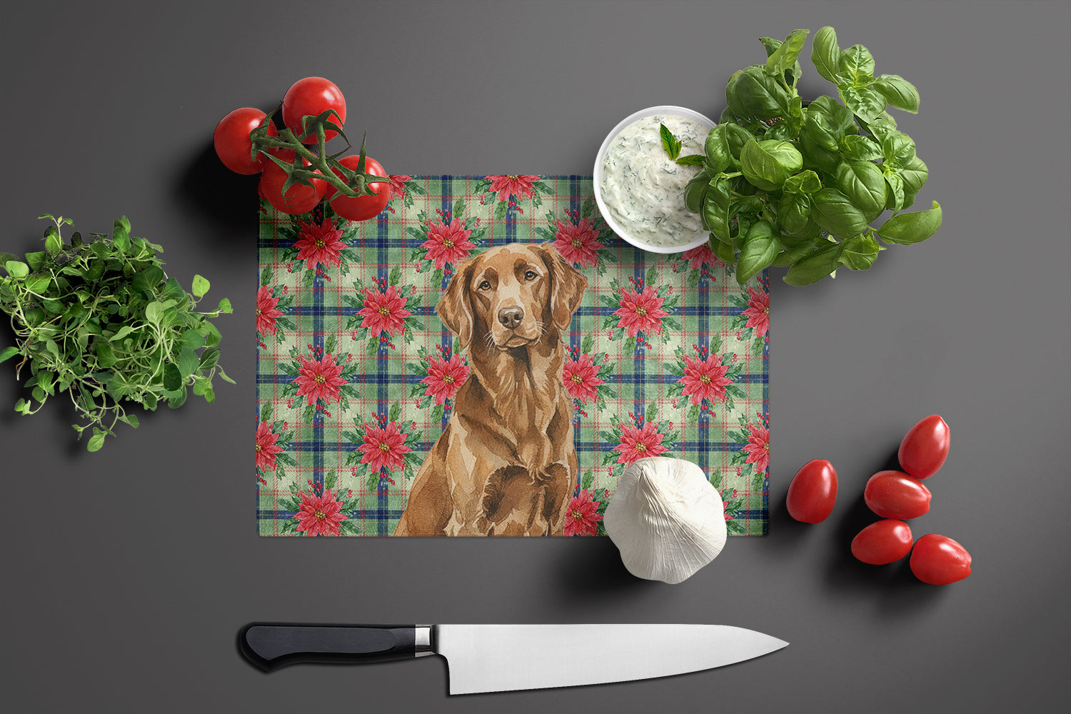 Liver Flat-Coated Retriever Christmas PoinsettIas Cutting Board Tempered Glass Kitchen Cutting Surface, Heat Resistant Chopping, Non-Slip Feet, Food Prep & Serving
