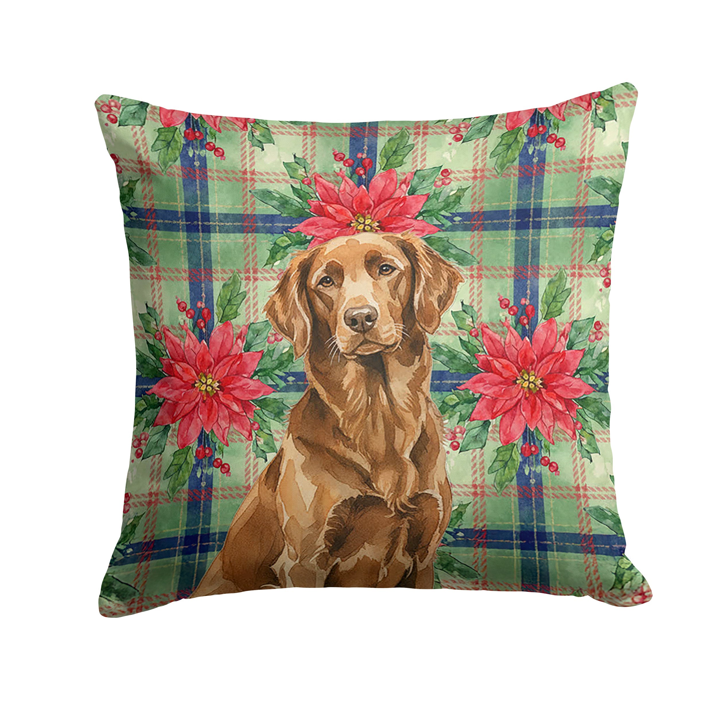 Liver Flat-Coated Retriever Christmas PoinsettIas Decorative Throw Pillow 14x14 Indoor Outdoor Accent Cushion, Fabric Cover with Insert for Sofa, Bed, Porch & Living Room
