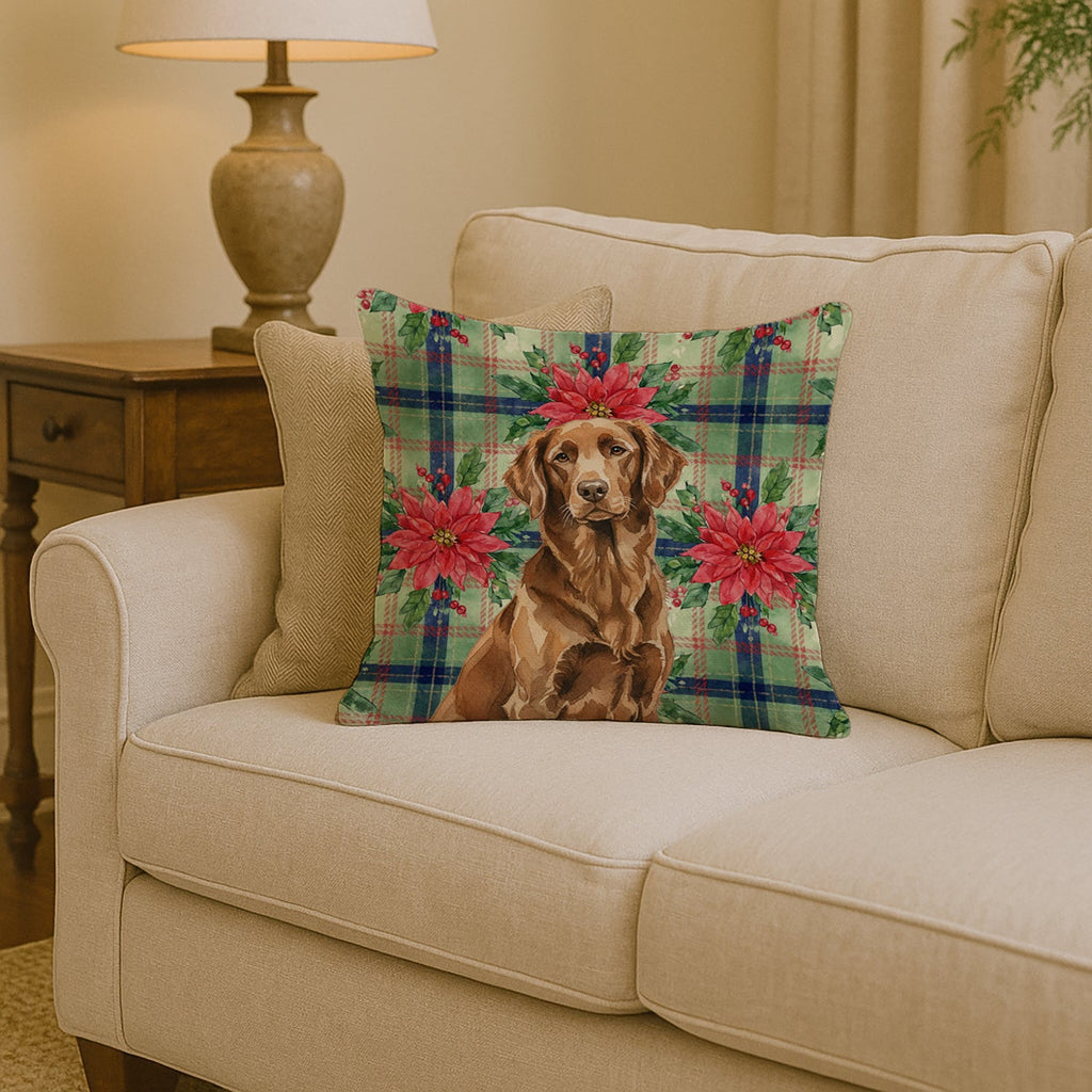 Liver Flat-Coated Retriever Christmas PoinsettIas Decorative Throw Pillow 14x14 Indoor Outdoor Accent Cushion, Fabric Cover with Insert for Sofa, Bed, Porch & Living Room