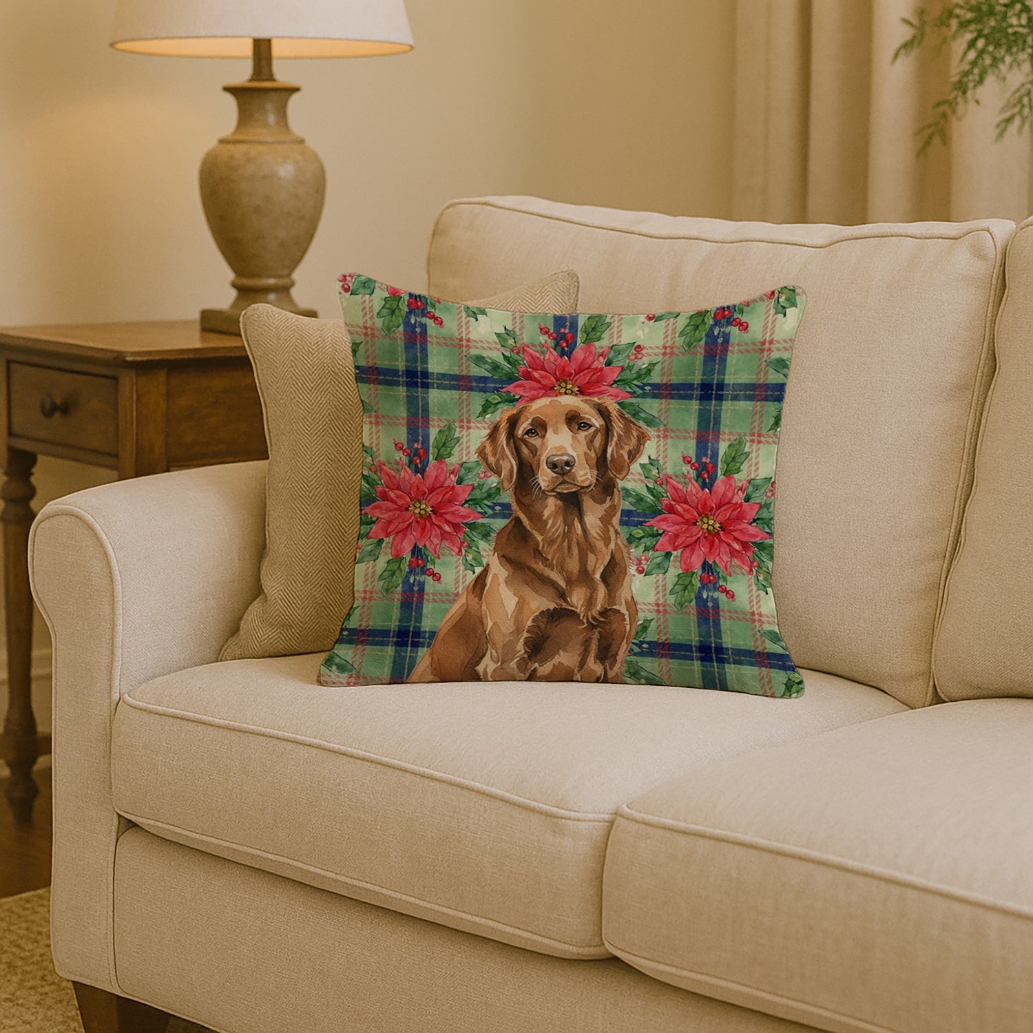 Liver Flat-Coated Retriever Christmas PoinsettIas Decorative Throw Pillow 14x14 Indoor Outdoor Accent Cushion, Fabric Cover with Insert for Sofa, Bed, Porch & Living Room