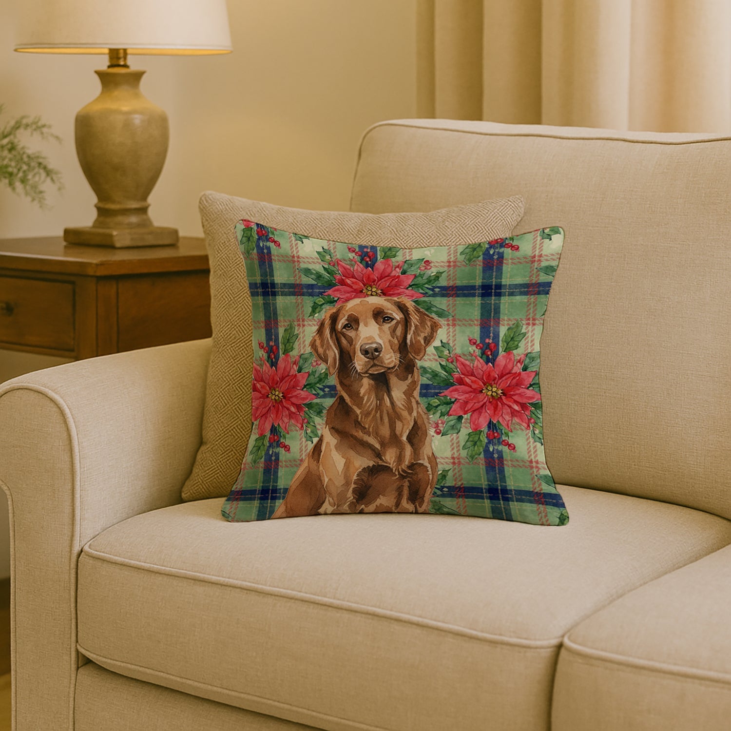 Liver Flat-Coated Retriever Christmas PoinsettIas Decorative Throw Pillow 18x18 Indoor Outdoor Accent Cushion, Fabric Cover with Insert for Sofa, Bed, Porch & Living Room