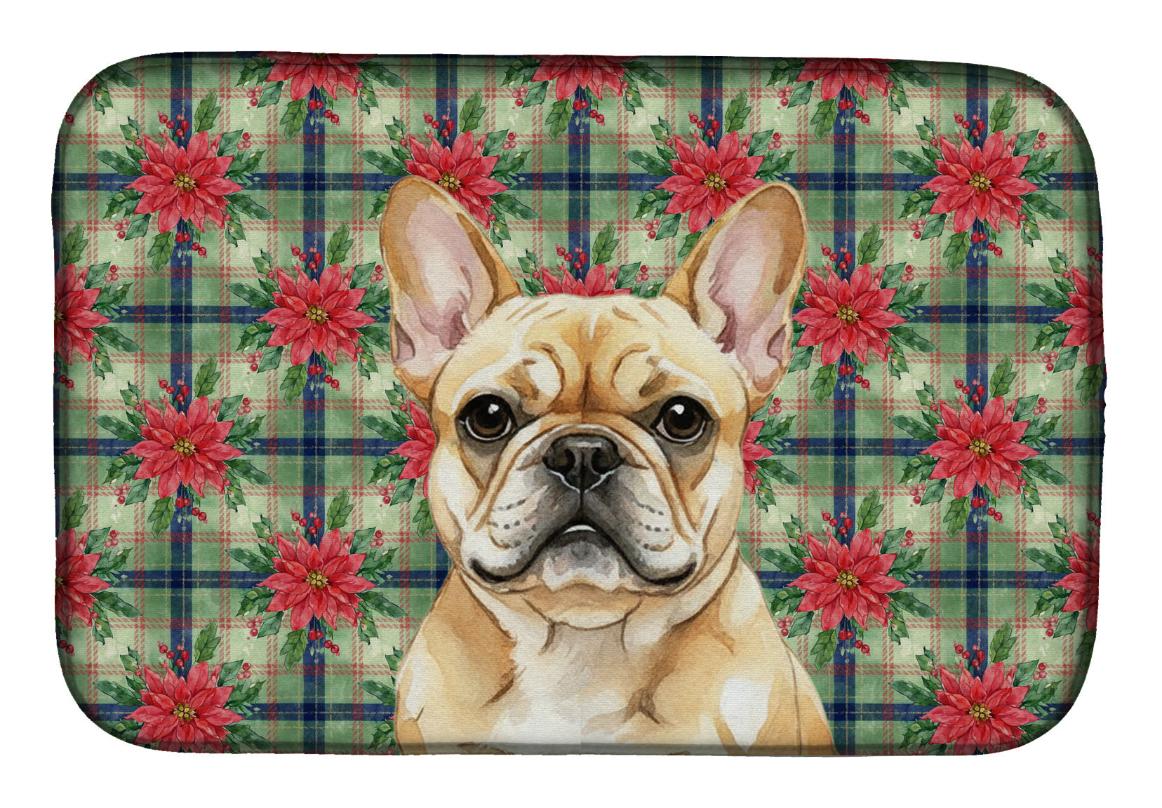 Fawn French Bulldog Christmas PoinsettIas Dish Drying Mat Absorbent Dish Drying Mat Pad for Kitchen Counter Dish Drainer Mat for Countertop, 14 x 21", Multicolor