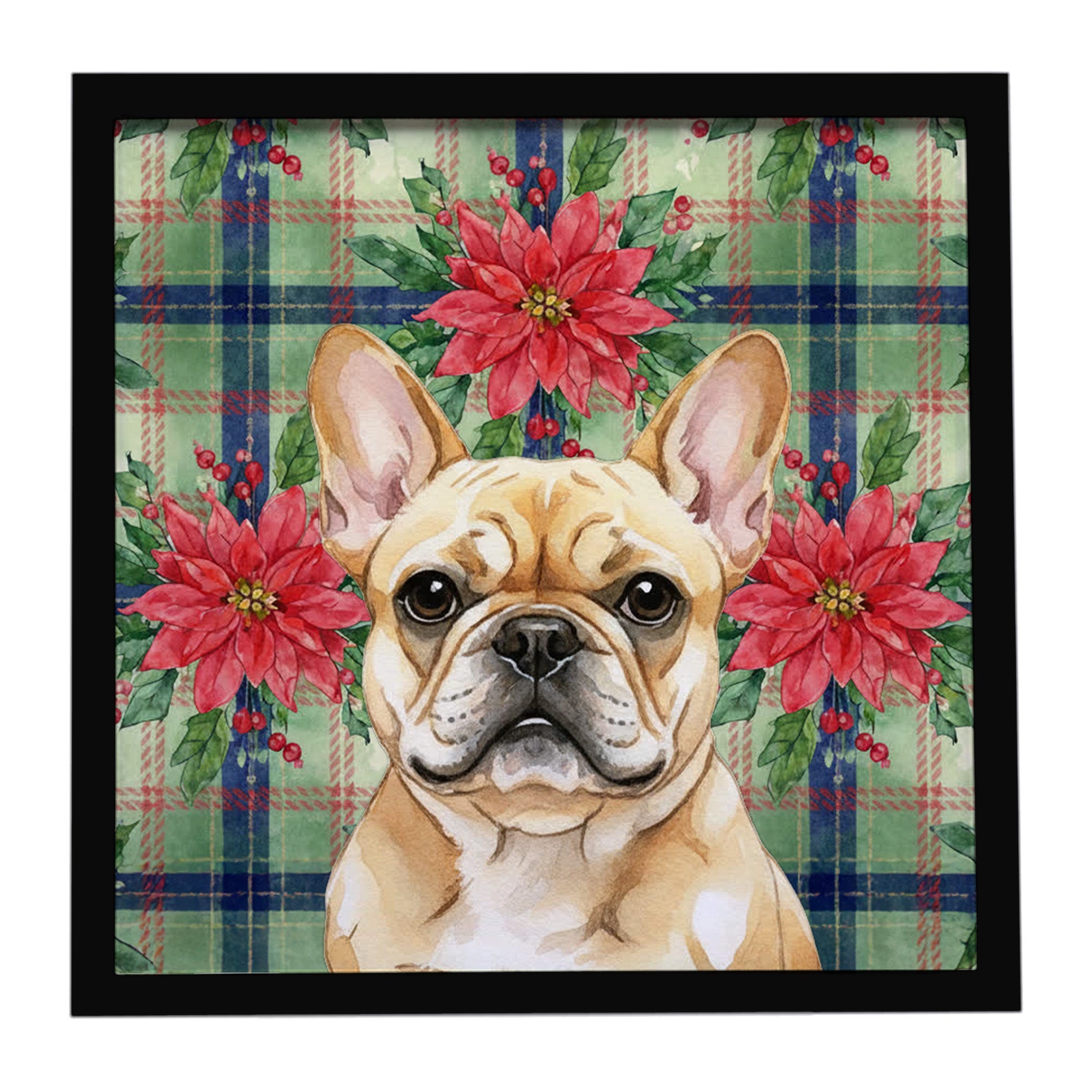 Fawn French Bulldog Christmas PoinsettIas Framed Metal Print Bathroom, Kitchen, Office, Home Decor Wall Art Ready to Hang, Square, 8X8