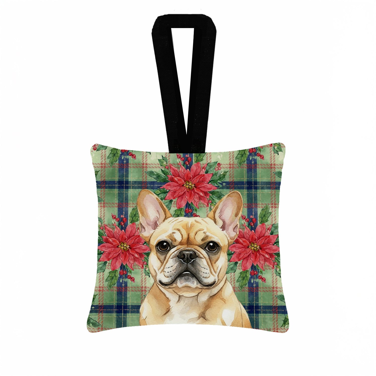 Fawn French Bulldog Christmas PoinsettIas Hanging Square Fabric Ornament 3.5 � 3.5 Decorative Door-Knob & Tree Hanger, Soft Fabric