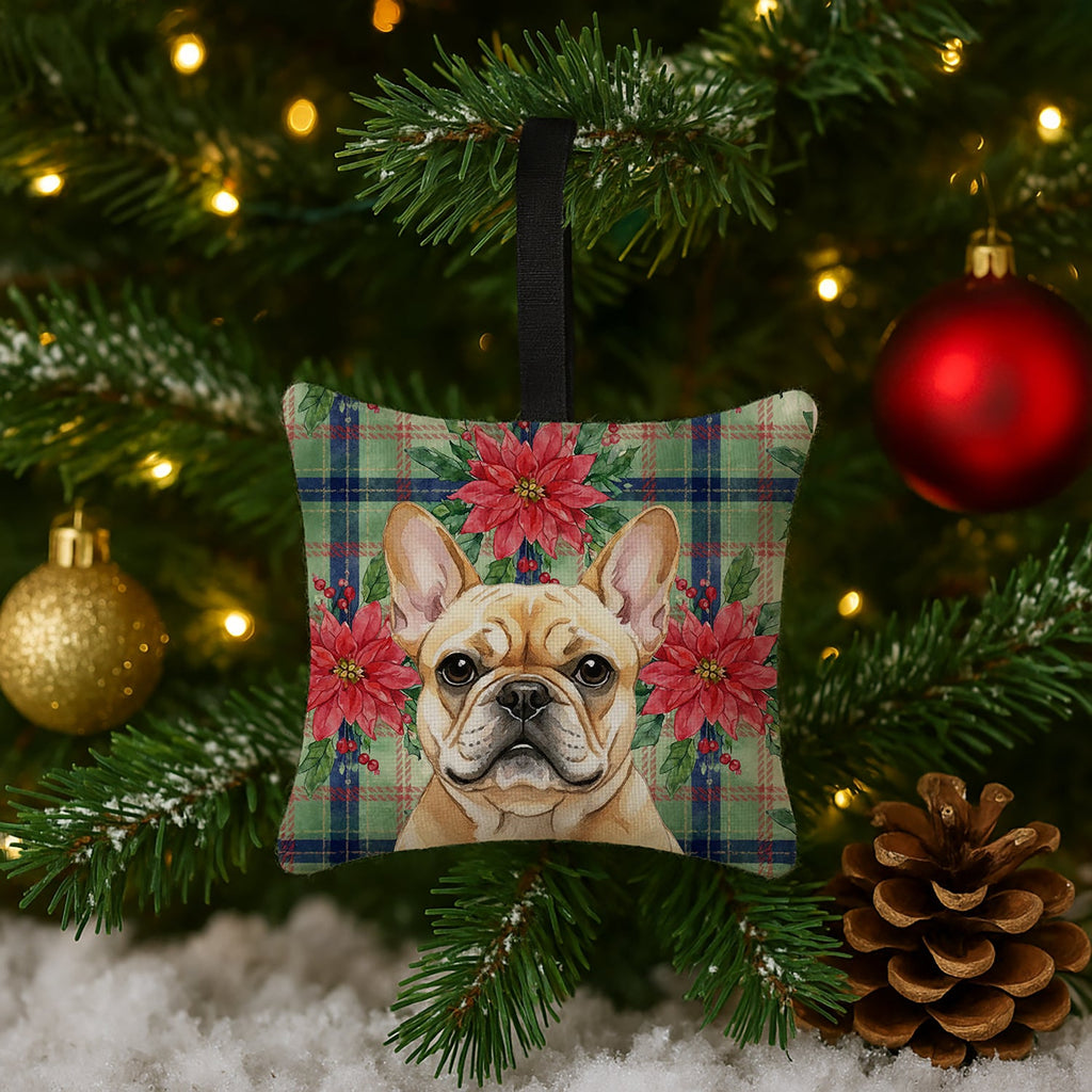 Fawn French Bulldog Christmas PoinsettIas Hanging Square Fabric Ornament 3.5 � 3.5 Decorative Door-Knob & Tree Hanger, Soft Fabric