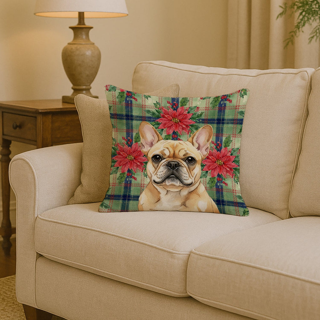 Fawn French Bulldog Christmas PoinsettIas Decorative Throw Pillow 14x14 Indoor Outdoor Accent Cushion, Fabric Cover with Insert for Sofa, Bed, Porch & Living Room