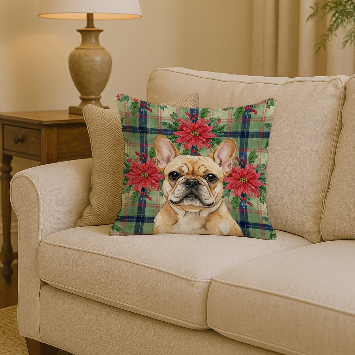 Fawn French Bulldog Christmas PoinsettIas Decorative Throw Pillow 14x14 Indoor Outdoor Accent Cushion, Fabric Cover with Insert for Sofa, Bed, Porch & Living Room