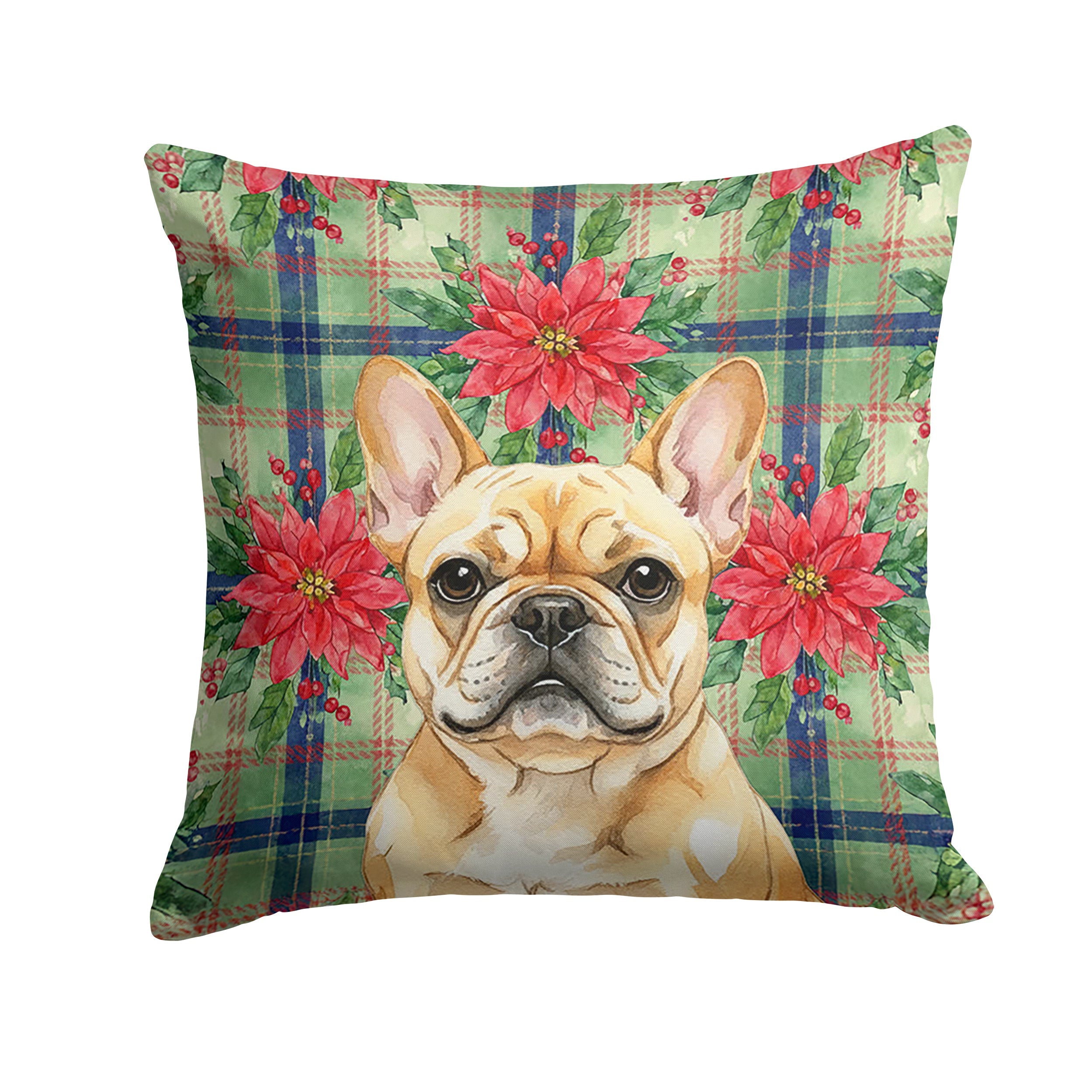 Fawn French Bulldog Christmas PoinsettIas Decorative Throw Pillow 18x18 Indoor Outdoor Accent Cushion, Fabric Cover with Insert for Sofa, Bed, Porch & Living Room