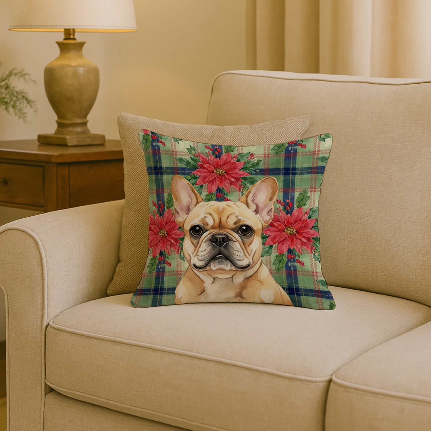 Fawn French Bulldog Christmas PoinsettIas Decorative Throw Pillow 18x18 Indoor Outdoor Accent Cushion, Fabric Cover with Insert for Sofa, Bed, Porch & Living Room