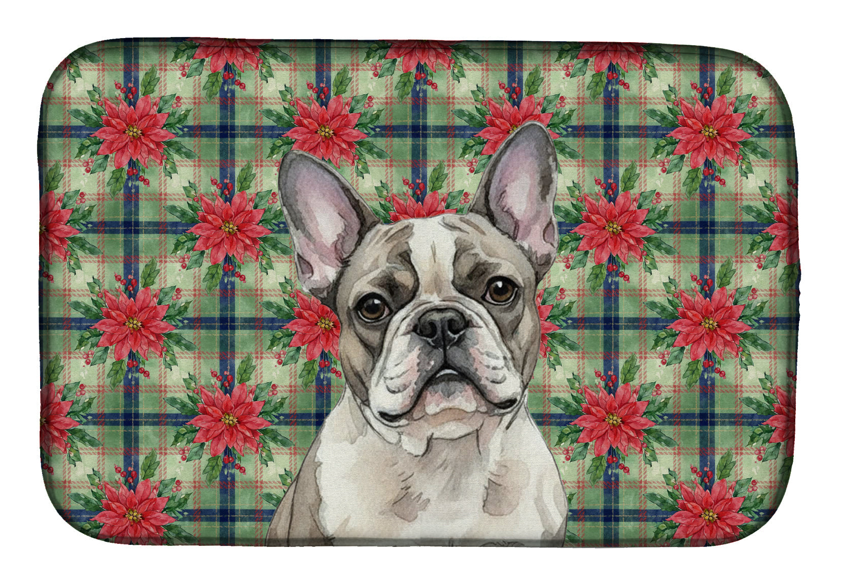 Pied French Bulldog Christmas PoinsettIas Dish Drying Mat Absorbent Dish Drying Mat Pad for Kitchen Counter Dish Drainer Mat for Countertop, 14 x 21", Multicolor