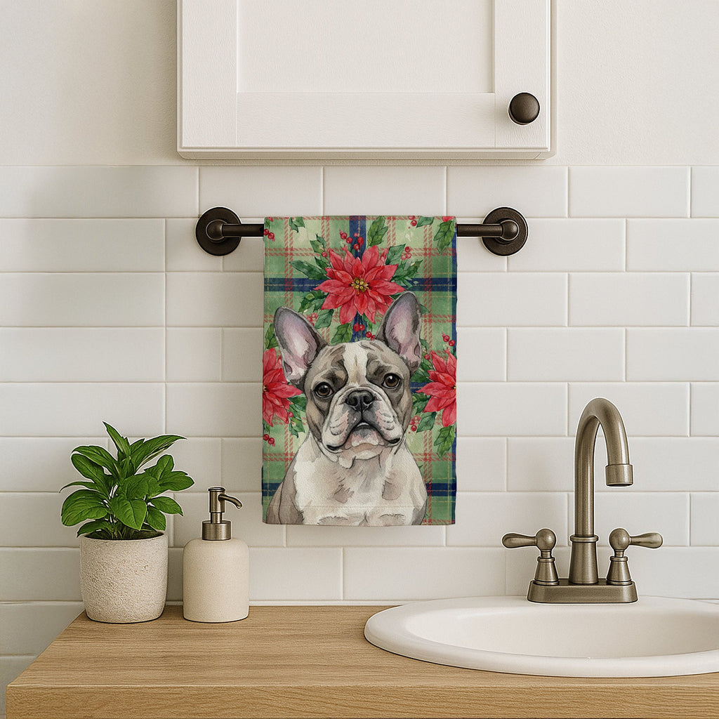 Pied French Bulldog Christmas PoinsettIas Kitchen Towel Velour Plush Front and Cotton Loop Back Machine Washable