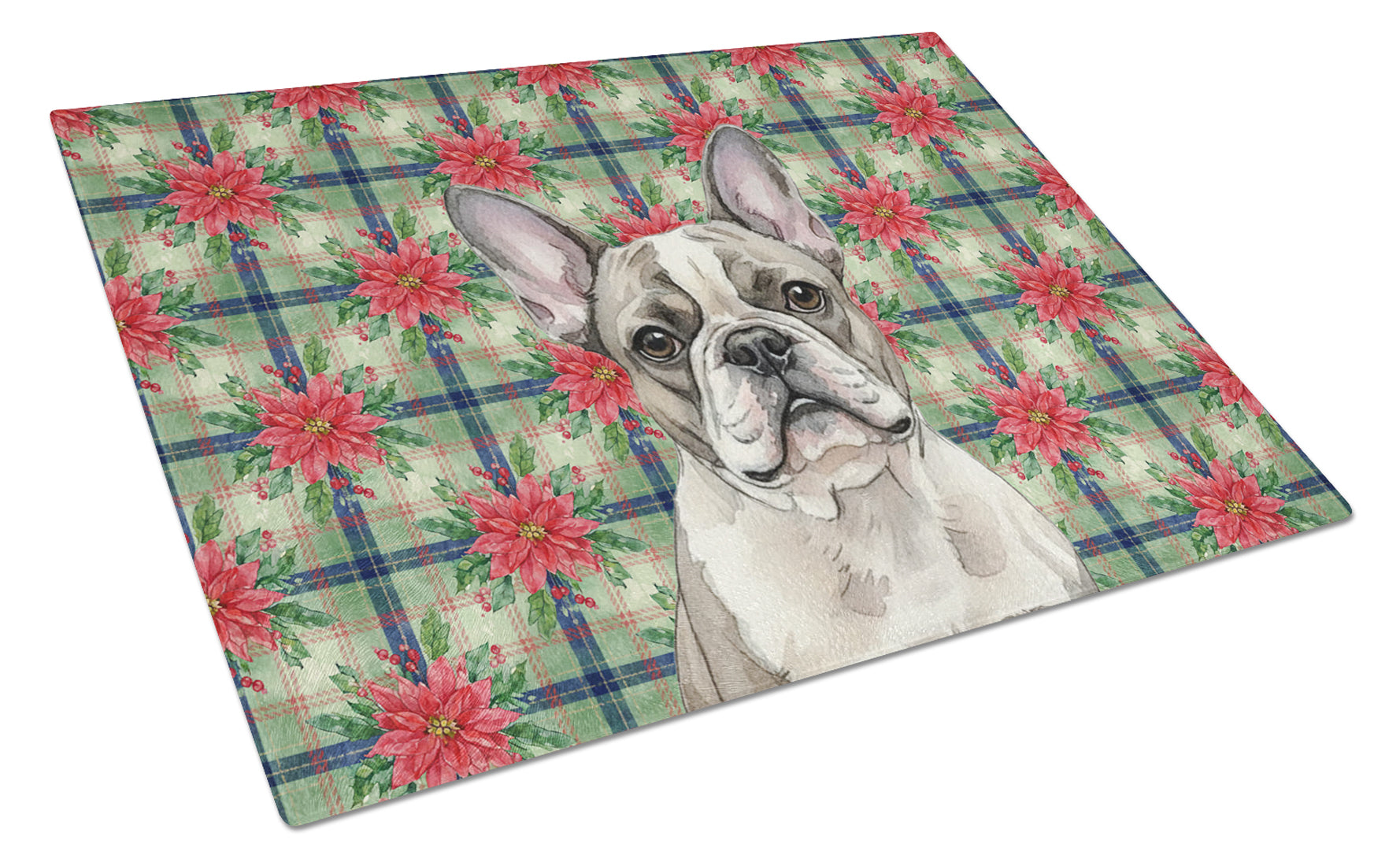 Pied French Bulldog Christmas PoinsettIas Cutting Board Tempered Glass Kitchen Cutting Surface, Heat Resistant Chopping, Non-Slip Feet, Food Prep & Serving