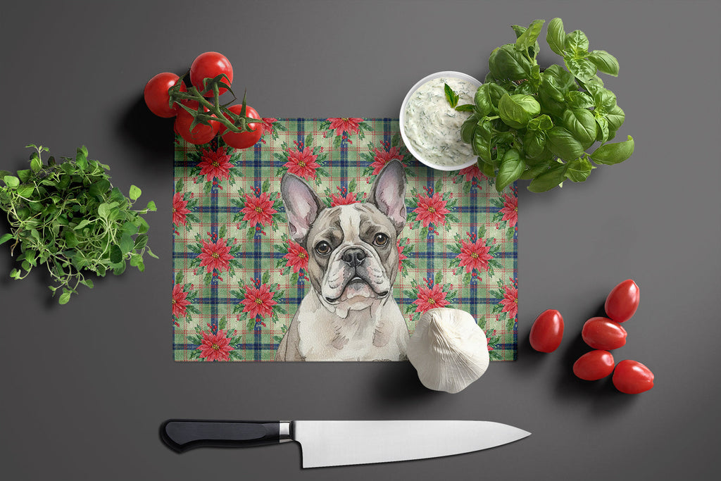 Pied French Bulldog Christmas PoinsettIas Cutting Board Tempered Glass Kitchen Cutting Surface, Heat Resistant Chopping, Non-Slip Feet, Food Prep & Serving