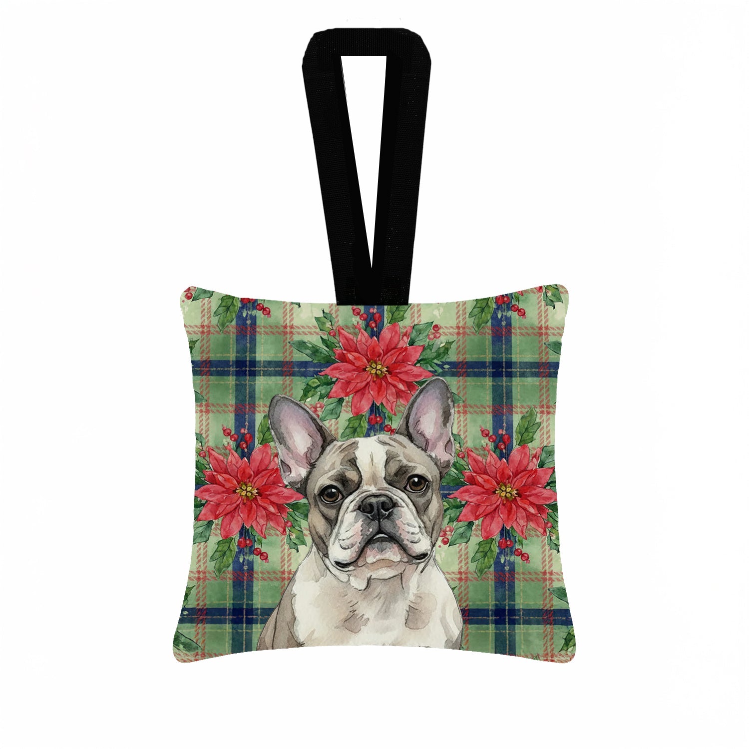 Pied French Bulldog Christmas PoinsettIas Hanging Square Fabric Ornament 3.5 � 3.5 Decorative Door-Knob & Tree Hanger, Soft Fabric