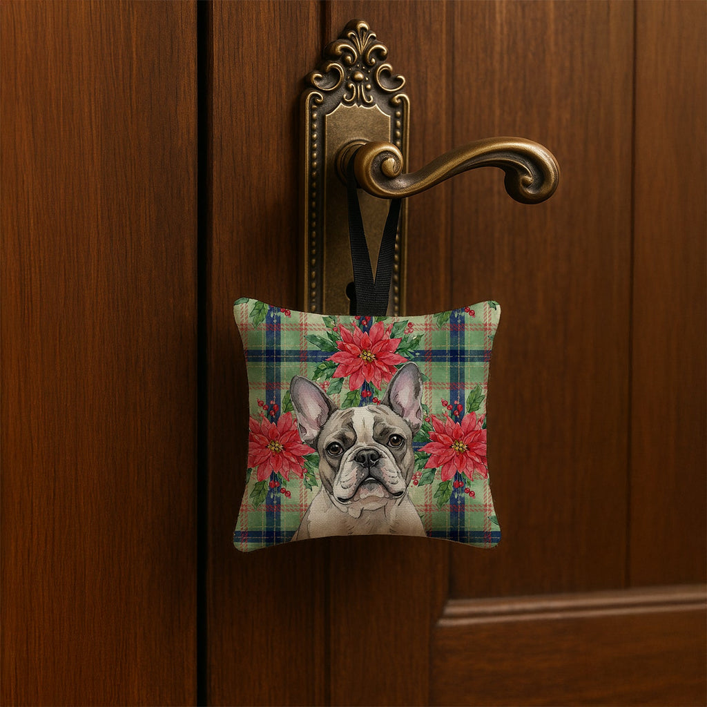 Pied French Bulldog Christmas PoinsettIas Hanging Square Fabric Ornament 3.5 � 3.5 Decorative Door-Knob & Tree Hanger, Soft Fabric