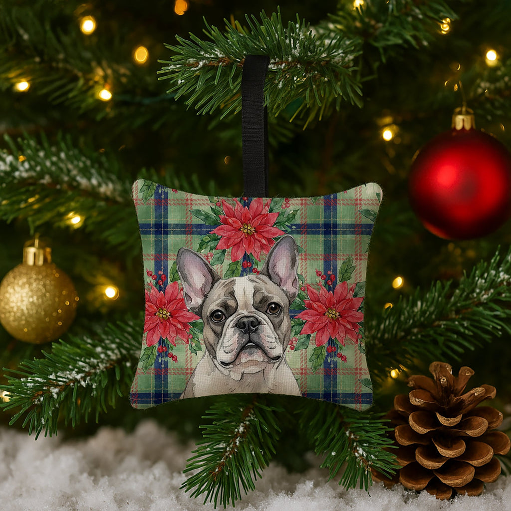 Pied French Bulldog Christmas PoinsettIas Hanging Square Fabric Ornament 3.5 � 3.5 Decorative Door-Knob & Tree Hanger, Soft Fabric