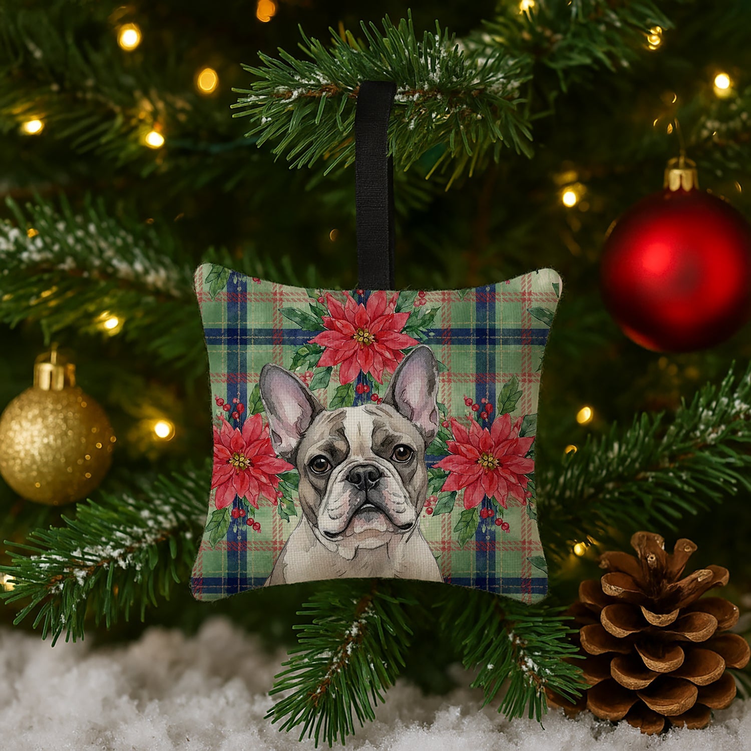 Pied French Bulldog Christmas PoinsettIas Hanging Square Fabric Ornament 3.5 � 3.5 Decorative Door-Knob & Tree Hanger, Soft Fabric