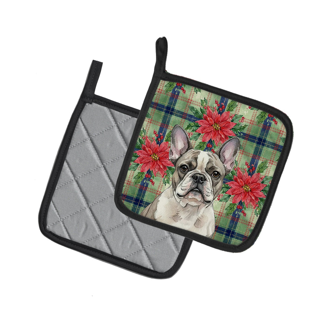Pied French Bulldog Christmas PoinsettIas Pot Holder Set of 2 Heat Resistant Quilted Hot Pads 7.5 x 7.5 Inch, Insulated Kitchen Trivets for Cooking & Baking