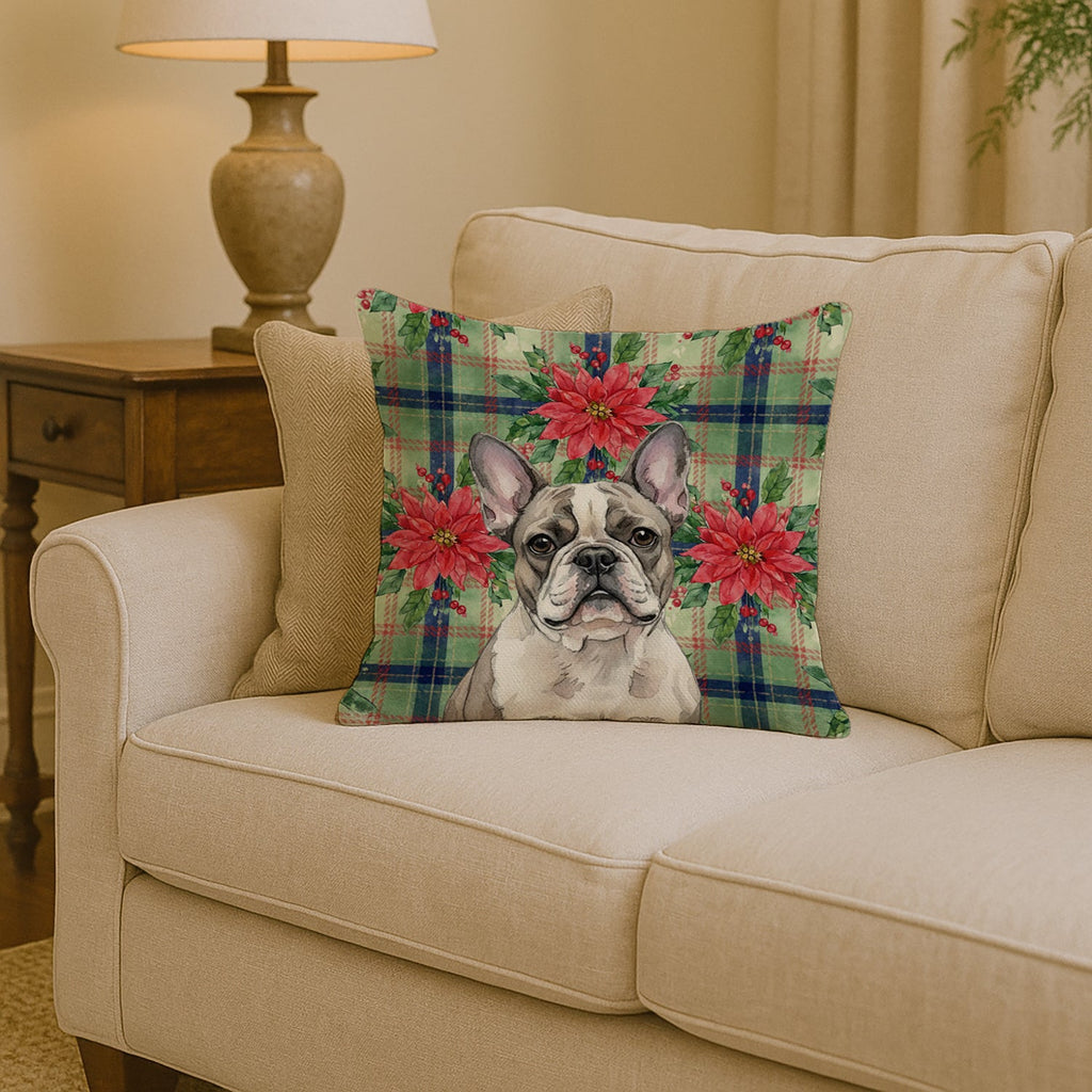 Pied French Bulldog Christmas PoinsettIas Decorative Throw Pillow 14x14 Indoor Outdoor Accent Cushion, Fabric Cover with Insert for Sofa, Bed, Porch & Living Room