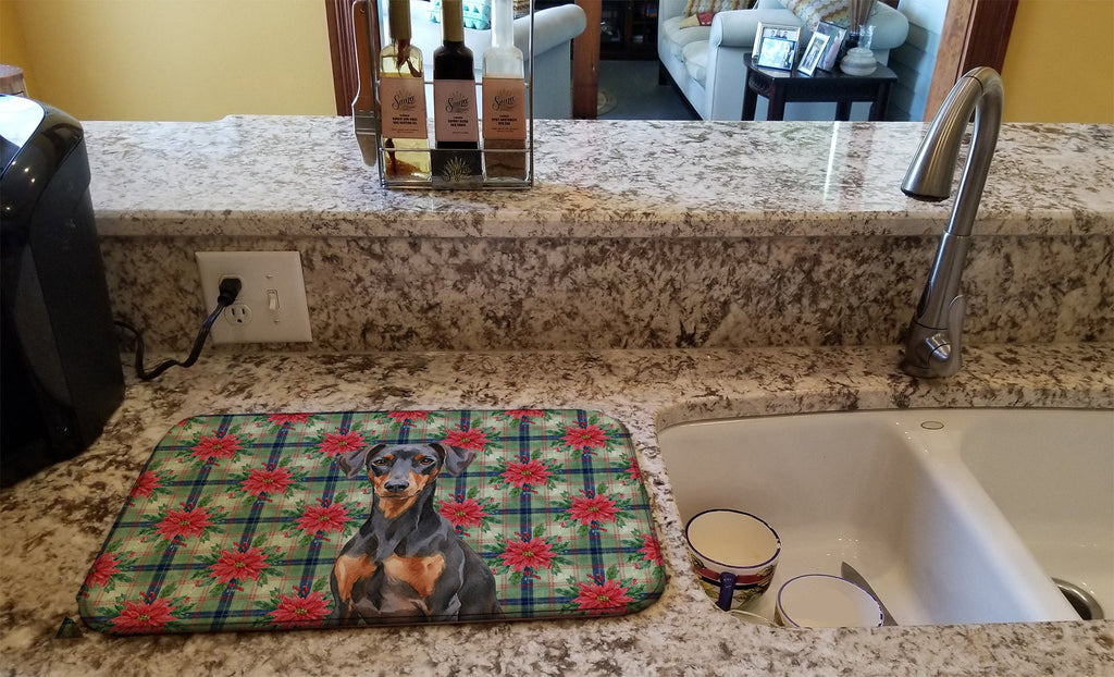 German Pinscher Christmas PoinsettIas Dish Drying Mat Absorbent Dish Drying Mat Pad for Kitchen Counter Dish Drainer Mat for Countertop, 14 x 21", Multicolor