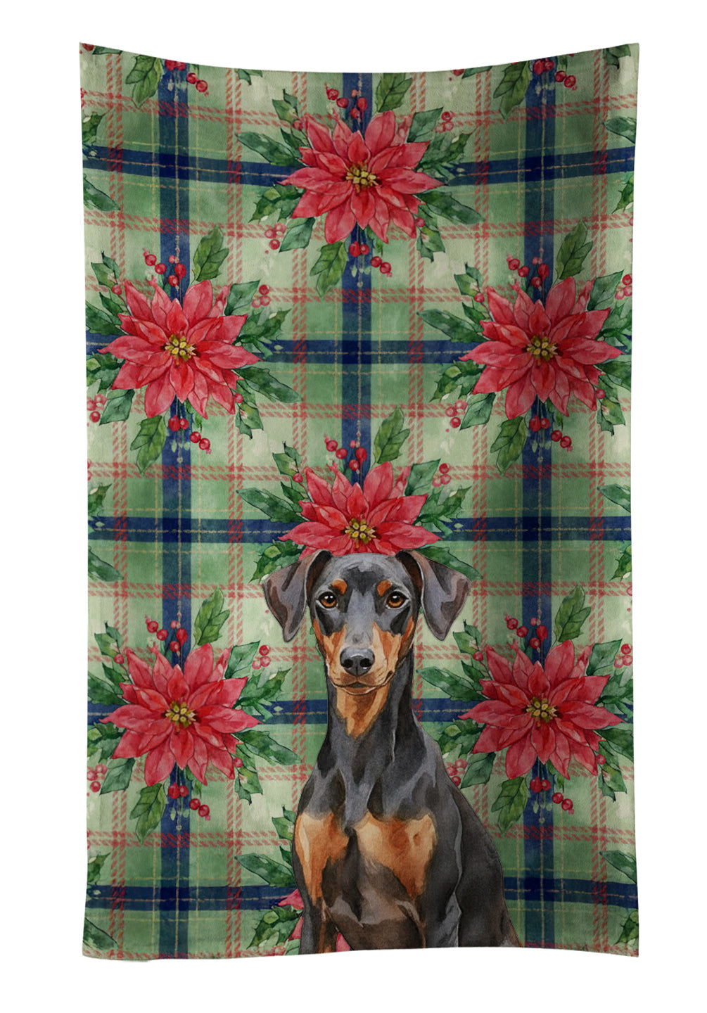 German Pinscher Christmas PoinsettIas Kitchen Towel Velour Plush Front and Cotton Loop Back Machine Washable