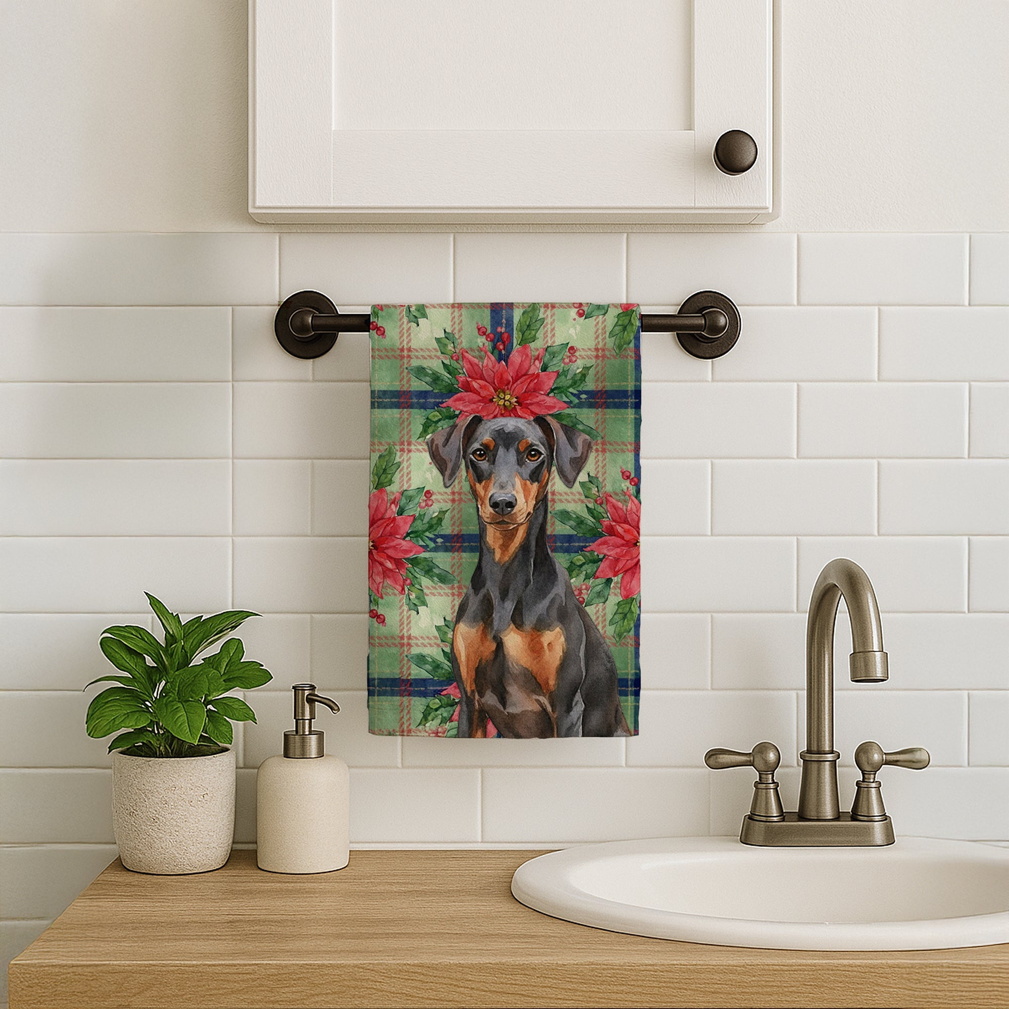 German Pinscher Christmas PoinsettIas Kitchen Towel Velour Plush Front and Cotton Loop Back Machine Washable