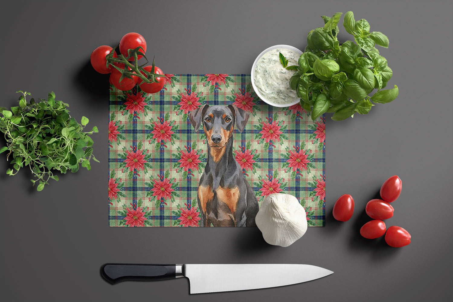 German Pinscher Christmas PoinsettIas Cutting Board Tempered Glass Kitchen Cutting Surface, Heat Resistant Chopping, Non-Slip Feet, Food Prep & Serving