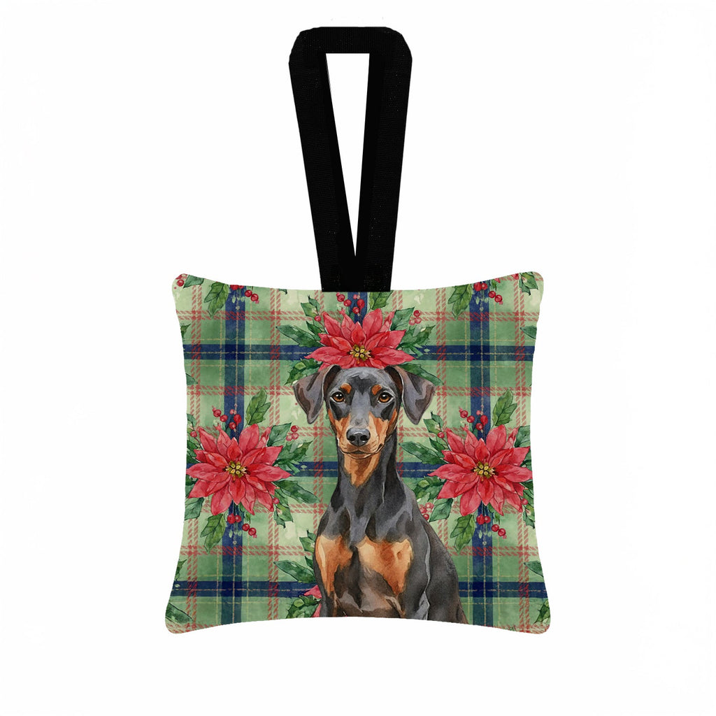 German Pinscher Christmas PoinsettIas Hanging Square Fabric Ornament 3.5 � 3.5 Decorative Door-Knob & Tree Hanger, Soft Fabric