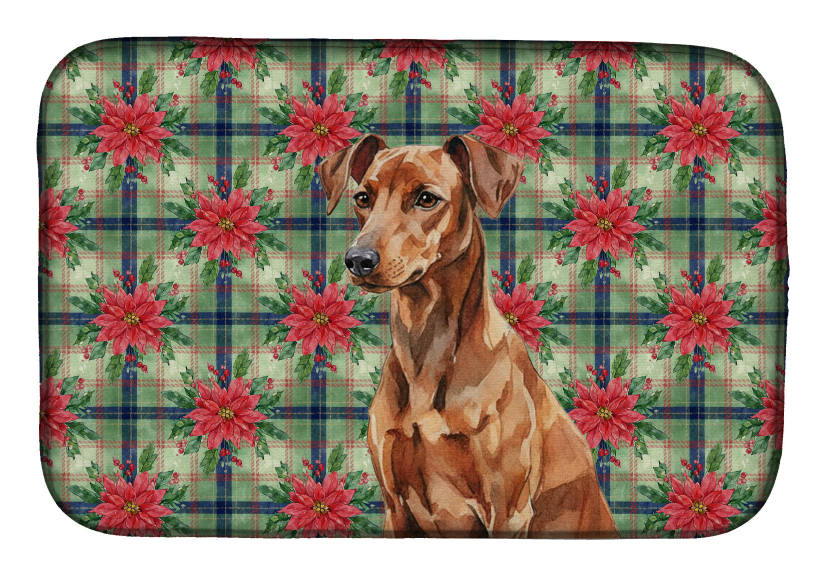Red German Pinscher Christmas PoinsettIas Dish Drying Mat Absorbent Dish Drying Mat Pad for Kitchen Counter Dish Drainer Mat for Countertop, 14 x 21", Multicolor