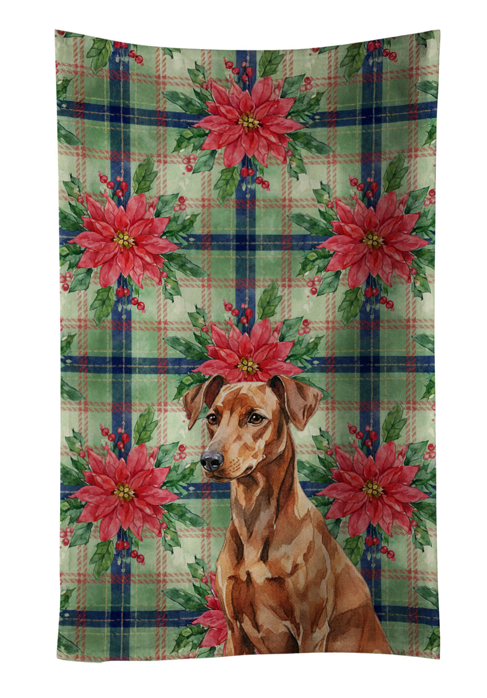 Red German Pinscher Christmas PoinsettIas Kitchen Towel Velour Plush Front and Cotton Loop Back Machine Washable