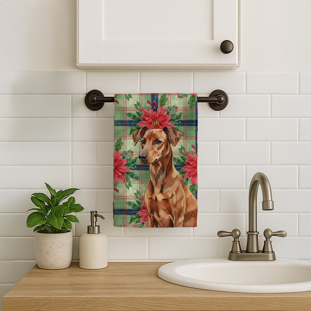 Red German Pinscher Christmas PoinsettIas Kitchen Towel Velour Plush Front and Cotton Loop Back Machine Washable