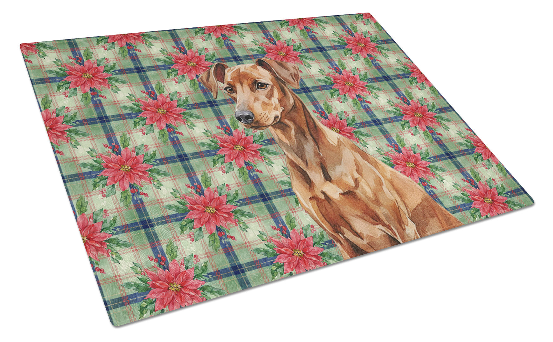 Red German Pinscher Christmas PoinsettIas Cutting Board Tempered Glass Kitchen Cutting Surface, Heat Resistant Chopping, Non-Slip Feet, Food Prep & Serving