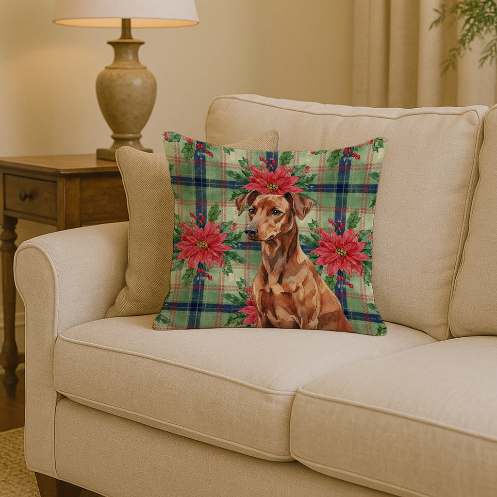 Red German Pinscher Christmas PoinsettIas Decorative Throw Pillow 14x14 Indoor Outdoor Accent Cushion, Fabric Cover with Insert for Sofa, Bed, Porch & Living Room