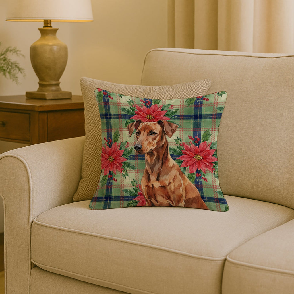 Red German Pinscher Christmas PoinsettIas Decorative Throw Pillow 18x18 Indoor Outdoor Accent Cushion, Fabric Cover with Insert for Sofa, Bed, Porch & Living Room