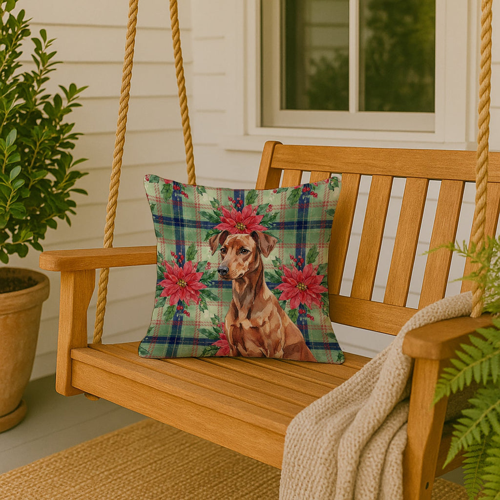 Red German Pinscher Christmas PoinsettIas Decorative Throw Pillow 18x18 Indoor Outdoor Accent Cushion, Fabric Cover with Insert for Sofa, Bed, Porch & Living Room