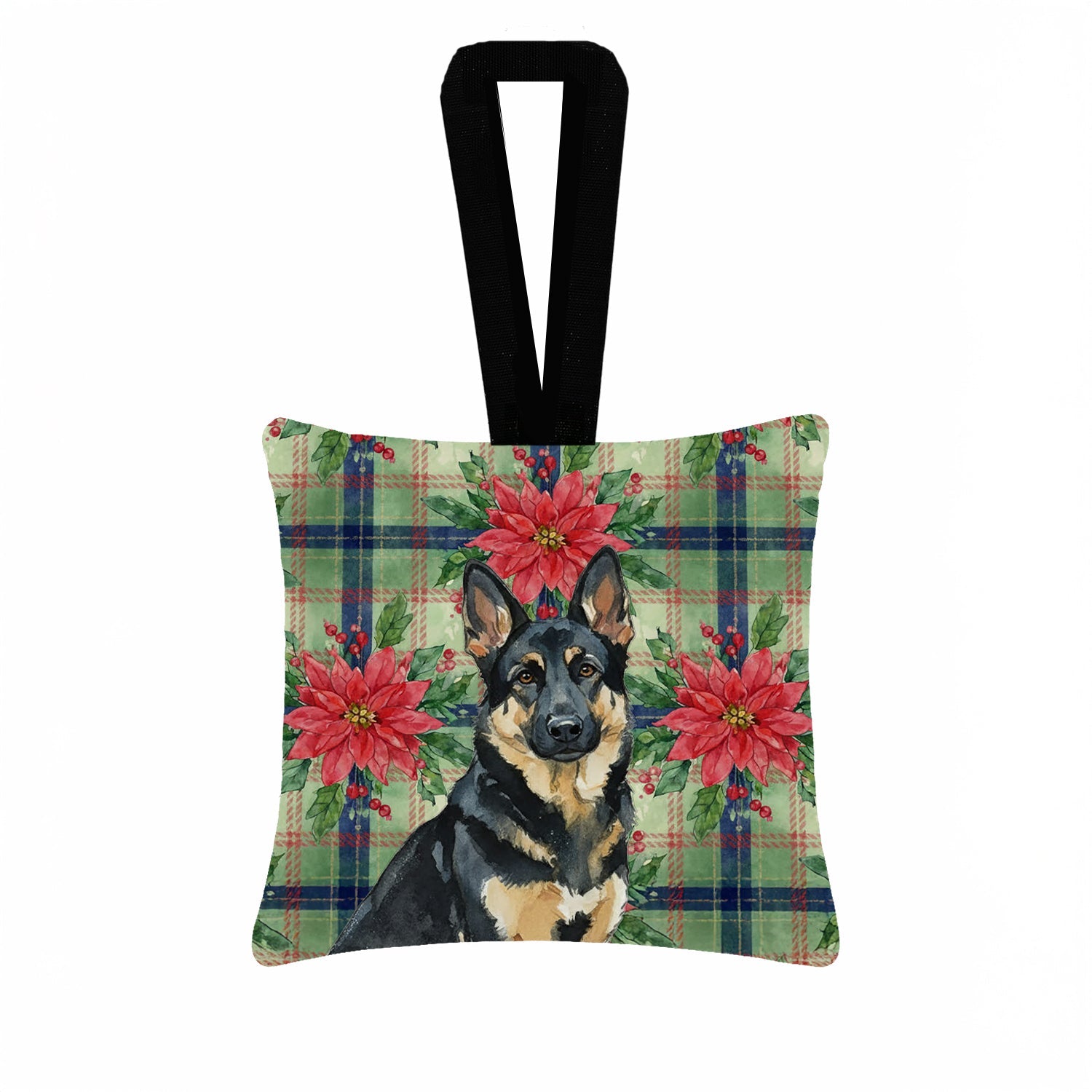 Black and Tan German Shepherd Christmas PoinsettIas Hanging Square Fabric Ornament 3.5 � 3.5 Decorative Door-Knob & Tree Hanger, Soft Fabric