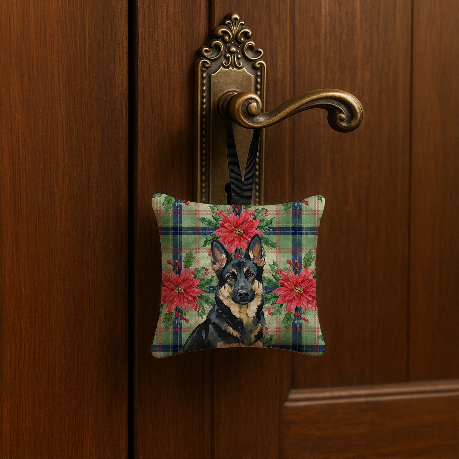 Black and Tan German Shepherd Christmas PoinsettIas Hanging Square Fabric Ornament 3.5 � 3.5 Decorative Door-Knob & Tree Hanger, Soft Fabric