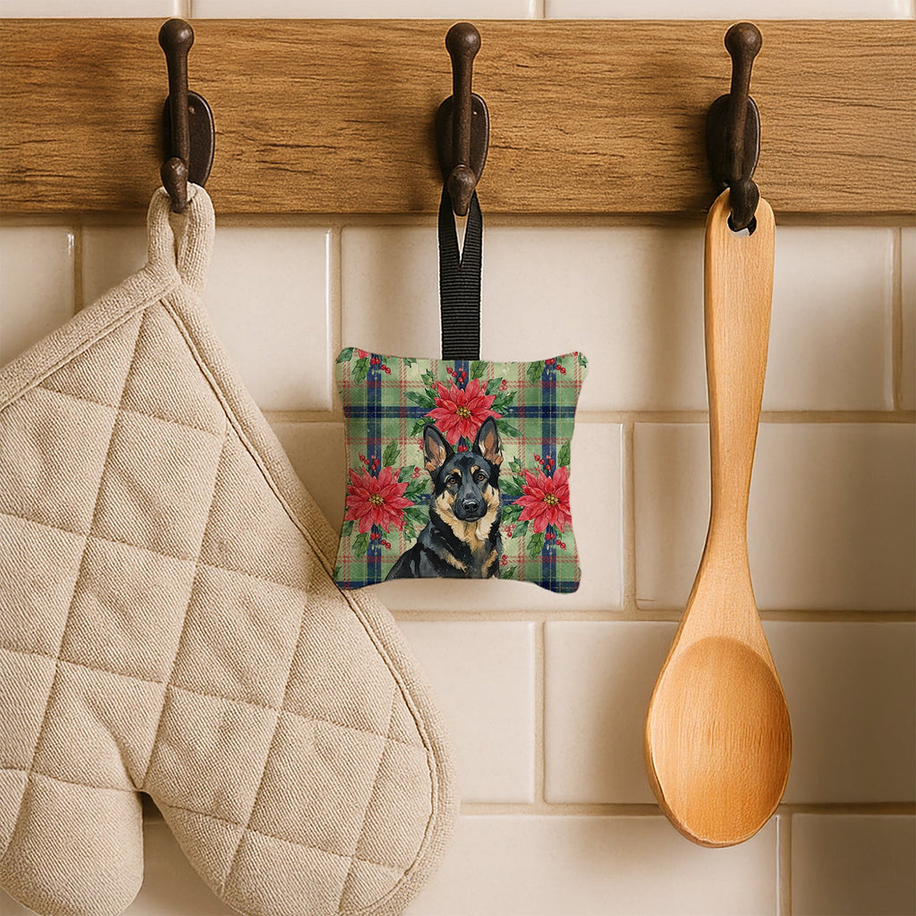 Black and Tan German Shepherd Christmas PoinsettIas Hanging Square Fabric Ornament 3.5 � 3.5 Decorative Door-Knob & Tree Hanger, Soft Fabric